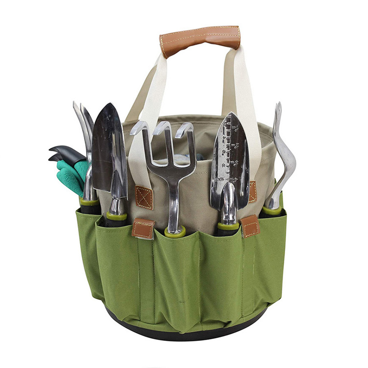 Custom foldable garden tool set tool assembly storage bag multiple pockets outdoor round garden tool bag