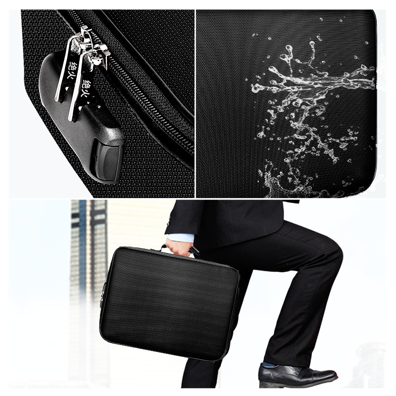 Waterproof Black Fireproof Briefcase 3-Layer File Safe Storage Case Document Organizer Bag With Lock