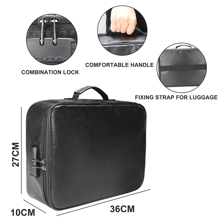 Waterproof Black Fireproof Briefcase 3-Layer File Safe Storage Case Document Organizer Bag With Lock