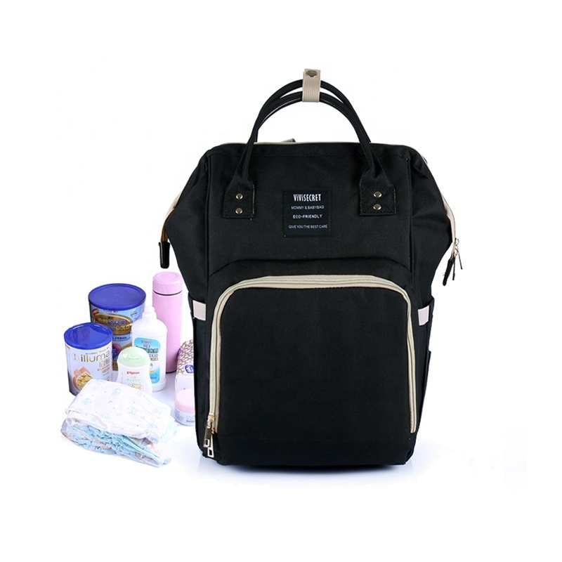 Customized recycled black polyester mummy bags baby women diaper young mother backpack diaper changing bag