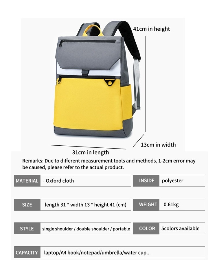 15 Inches Laptop Classic Backpack Camping Rucksack Travel Outdoor Daypack College School Bag Yellow