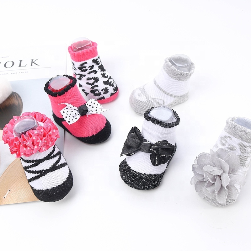 Cozy Cotton Flower Pearl Bowknot Lace Socks with Grip for Newborn Infant Baby Girl 6-12 months Leekey 3 Pack