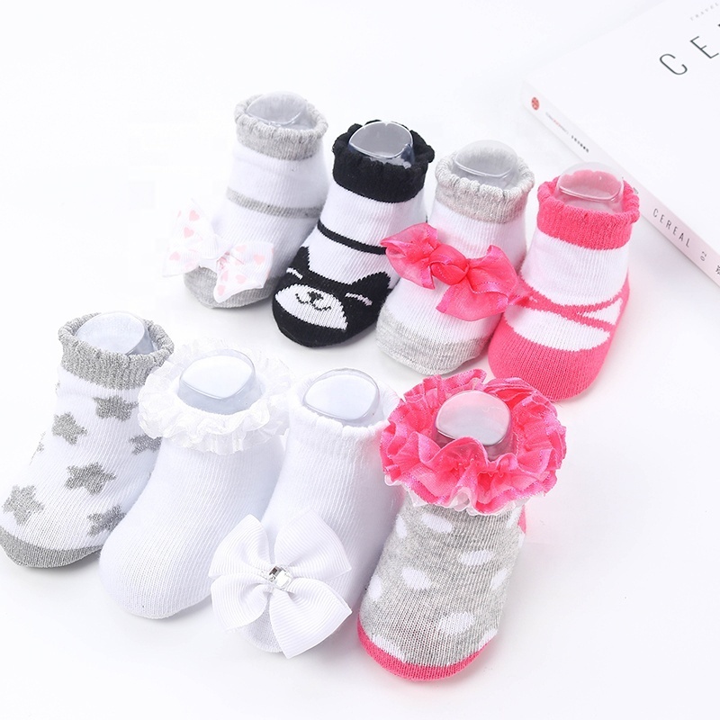 Cozy Cotton Flower Pearl Bowknot Lace Socks with Grip for Newborn Infant Baby Girl 6-12 months Leekey 3 Pack