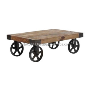 home decor furniture indian furniture Industrial & vintage Iron metal & solid wood cart coffee table with casters