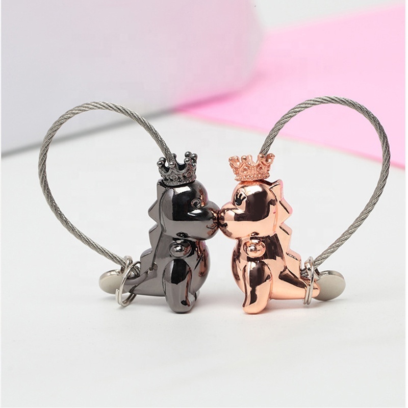 VJ New Magnetic Fashion Metal Cute Kiss Baby Dinosaur Couples Key Chains Pendant Bag Car Keychain For Valentine Gifts