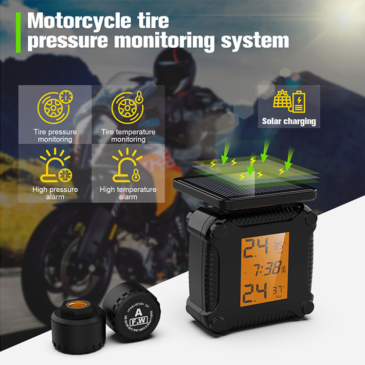 Vjoycar Motorcycle Tpms Tire Pressure Wireless Monitoring System Temperature Alarm Solar with External TMPS Sensor