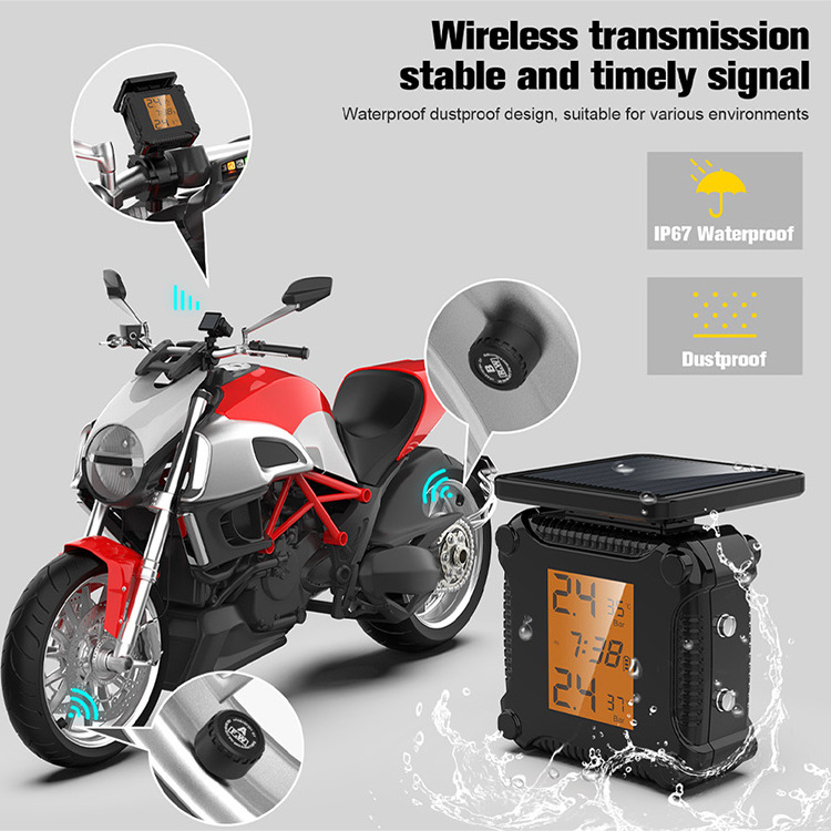 Vjoycar Motorcycle Tpms Tire Pressure Wireless Monitoring System Temperature Alarm Solar with External TMPS Sensor