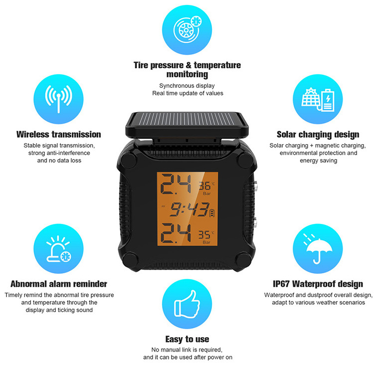 Vjoycar Motorcycle Tpms Tire Pressure Wireless Monitoring System Temperature Alarm Solar with External TMPS Sensor