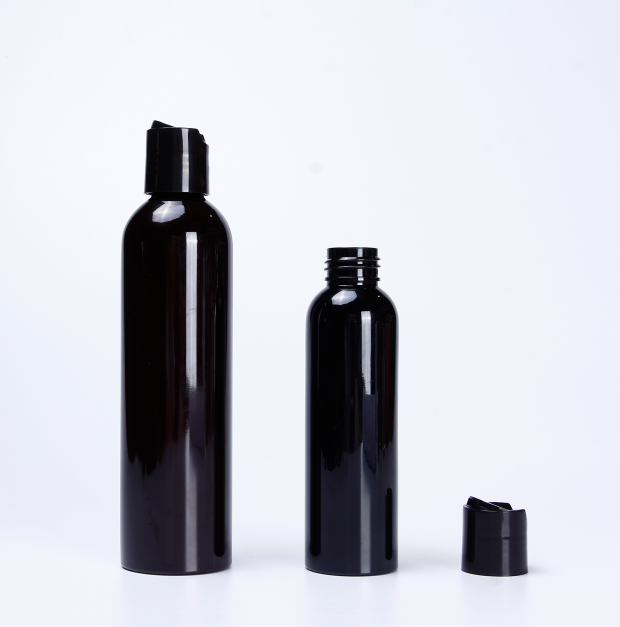 BPA-Free PET Plastic black Cosmo Round Bottles  8 oz 4oz 12 oz with Black Press Down Disc lids for body oil lotion cream