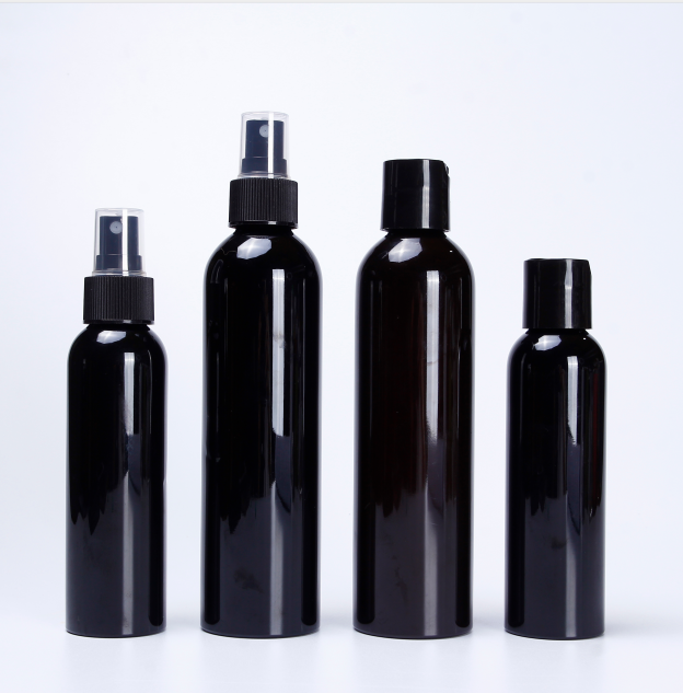 BPA-Free PET Plastic black Cosmo Round Bottles  8 oz 4oz 12 oz with Black Press Down Disc lids for body oil lotion cream