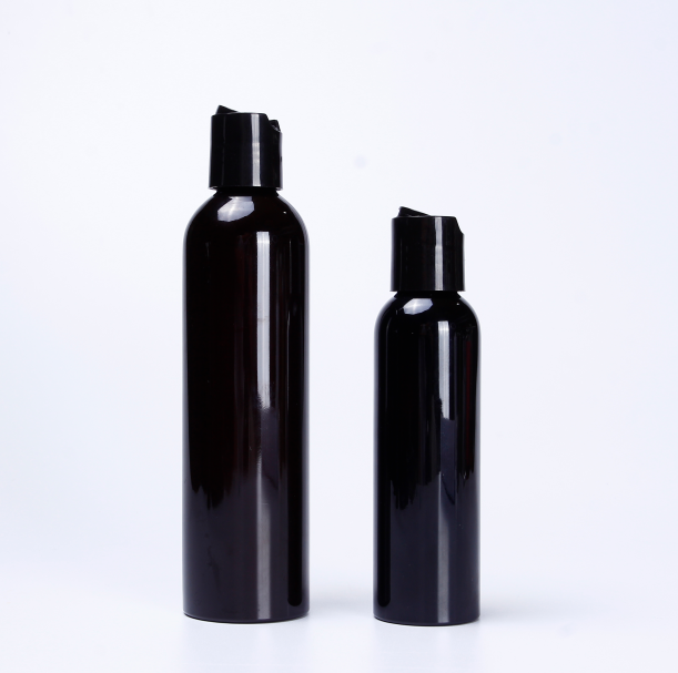 BPA-Free PET Plastic black Cosmo Round Bottles  8 oz 4oz 12 oz with Black Press Down Disc lids for body oil lotion cream