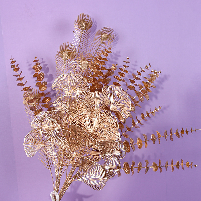 Simulated golden ginkgo leaf eucalyptus leaf golden plastic fan leaf home wedding decoration artificial flowers landscape props