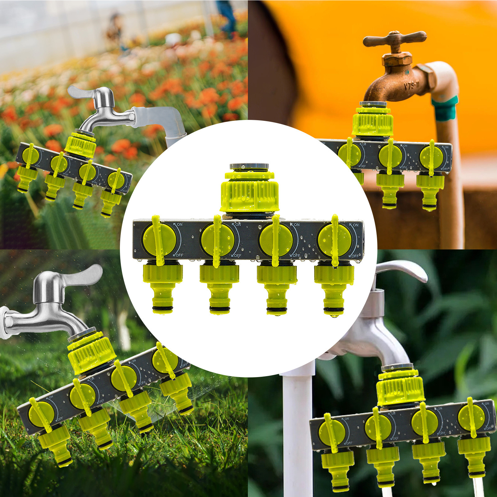 4 Way Garden Hose Splitters Diverter Tap Connector Splitter Water Distributor On-Off Switch Outdoor Sprinkler Irrigation Systems