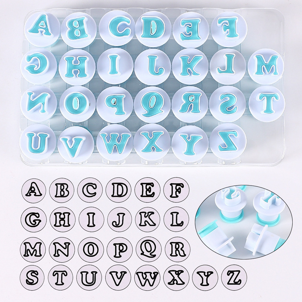 26pcs Uppercase Lowercase Alphabet Cookies Plunger Cutter Mold Fondant Cake Printing Press Die Cutting Baking Tool foods bakery