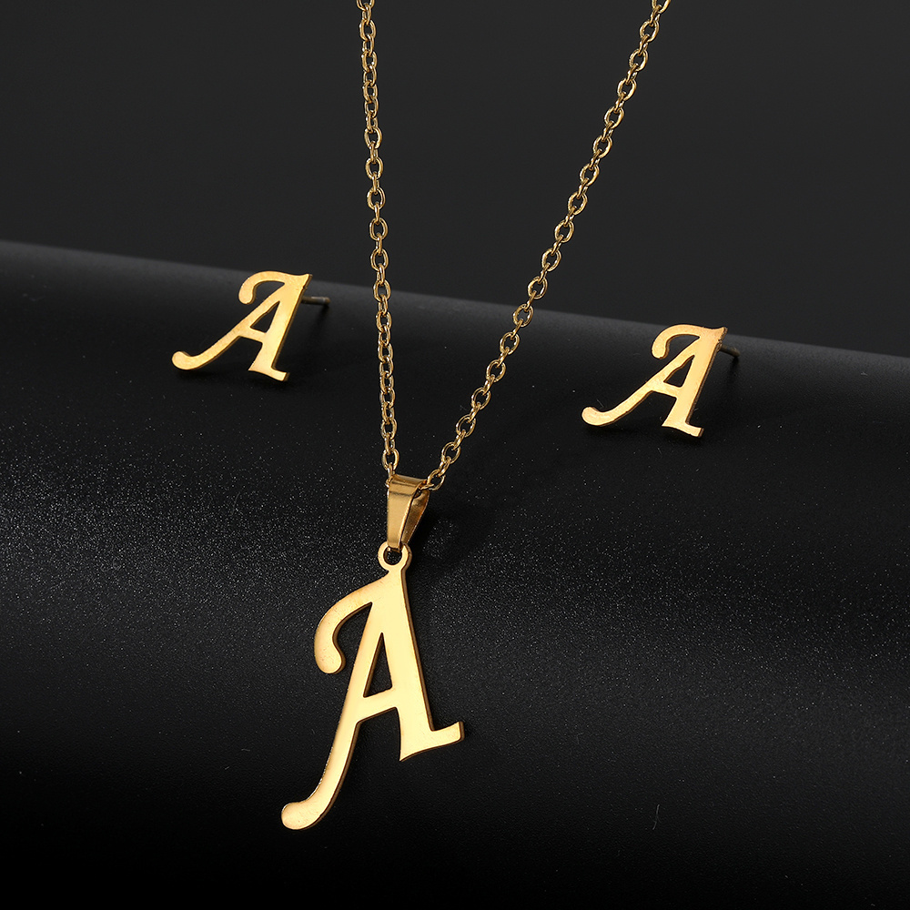 Hot Selling custom Jewelry sets Gold plated Stainless Steel 26 Letter Pendant Initial Necklace Stud Earrings Set For Women Gift