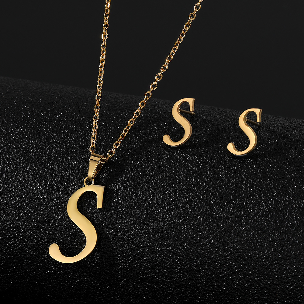 Hot Selling custom Jewelry sets Gold plated Stainless Steel 26 Letter Pendant Initial Necklace Stud Earrings Set For Women Gift