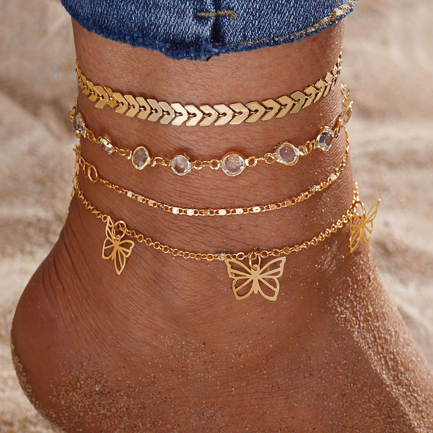 Bohemia Butterfly Heart Gold Multilayer Chain Anklets for Women Beach Barefoot Moon Cross Pendant Charm Anklets Jewelry