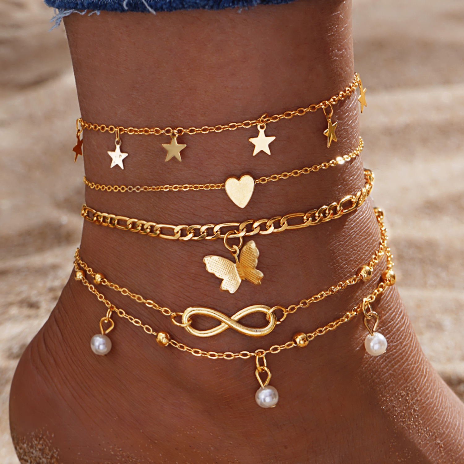 Bohemia Butterfly Heart Gold Multilayer Chain Anklets for Women Beach Barefoot Moon Cross Pendant Charm Anklets Jewelry