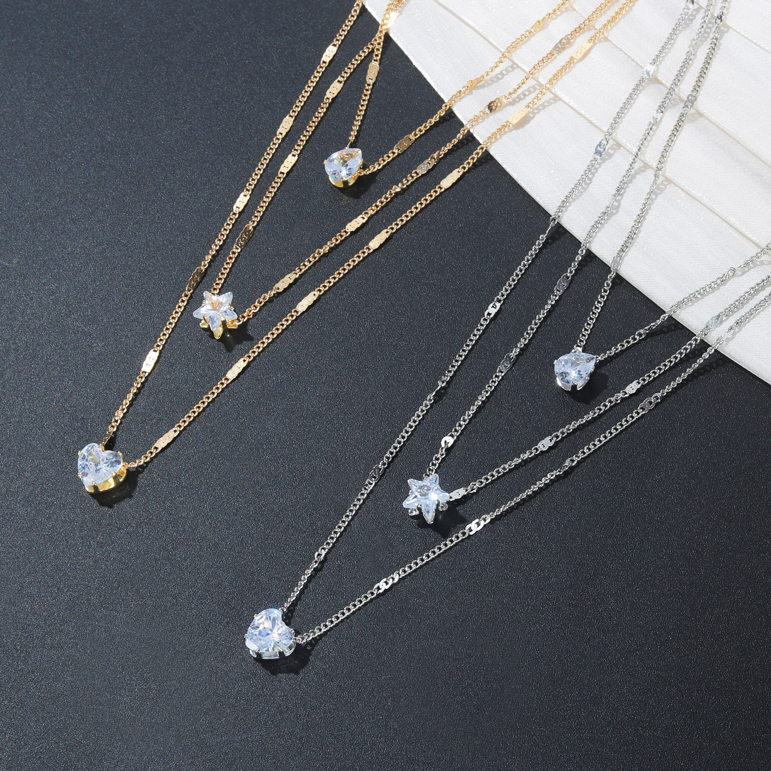 Hot Selling Gold Plated Multi Layer Star Crystal Heart Pendent Fashion Jewelry Necklaces Vintage Necklace