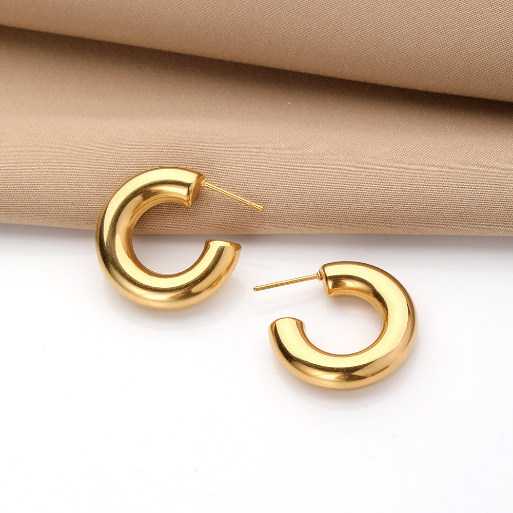 Women Hypoallergenic Jewelry Earrings Stainless Steel 18k Gold Plated Screw Twisted C-shape Hoop Earrings