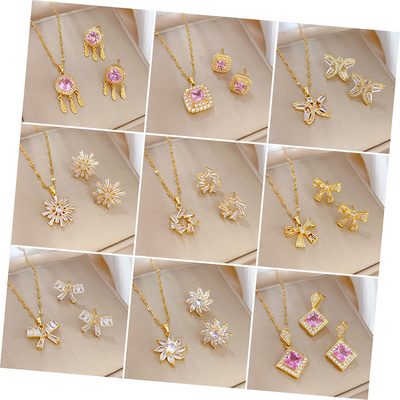 KISSWIFE 18k Gold Plated Stainless Steel Zircon Crystal Pendant Necklace Earrings Jewelry Set for Women Gift