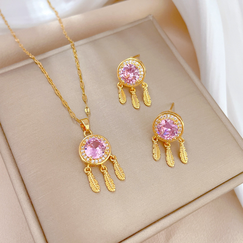 KISSWIFE 18k Gold Plated Stainless Steel Zircon Crystal Pendant Necklace Earrings Jewelry Set for Women Gift