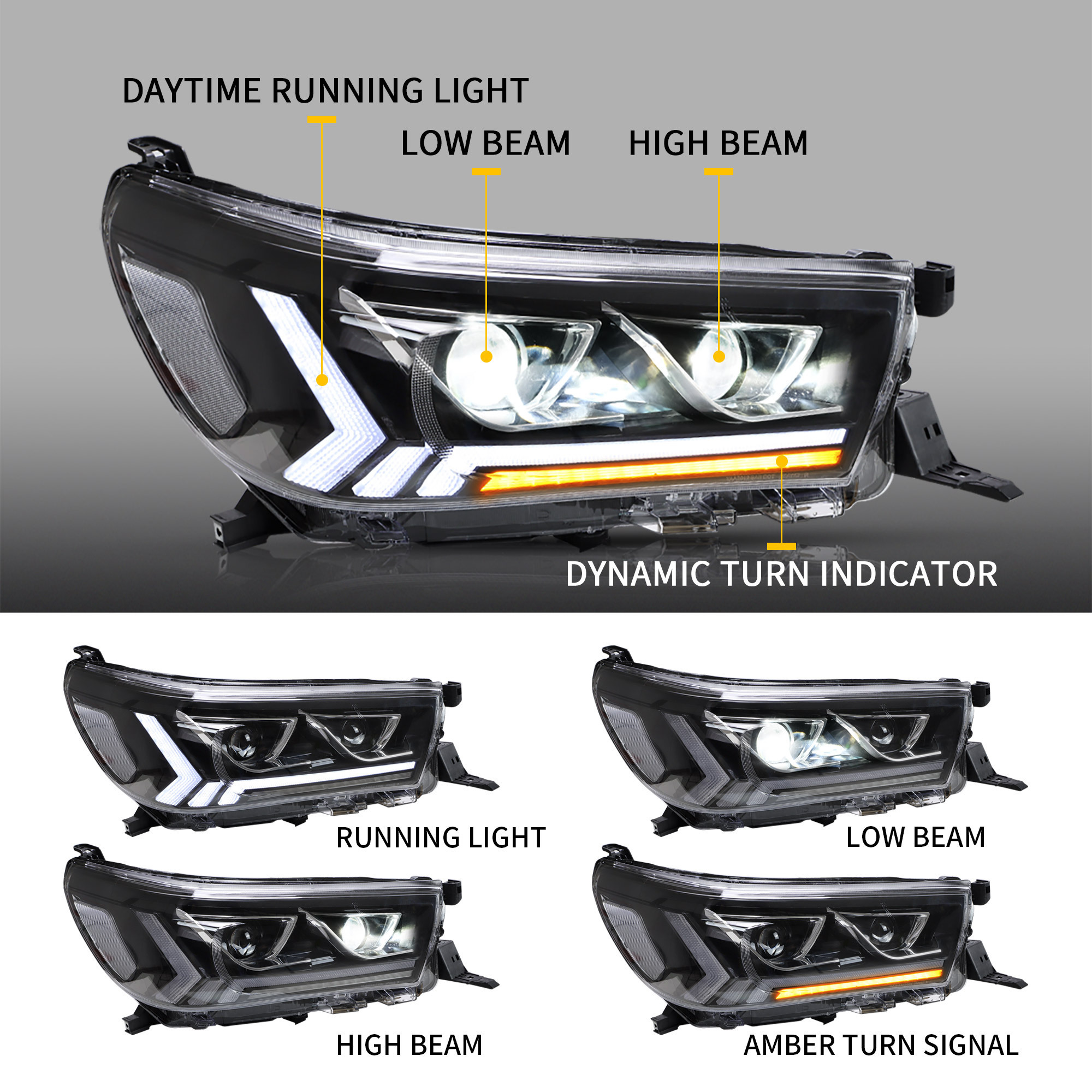 VLAND LED Headlights For Toyota Hilux / Revo 2015-2020 8th Gen (Eighth generation. AN110, AN120, AN130)