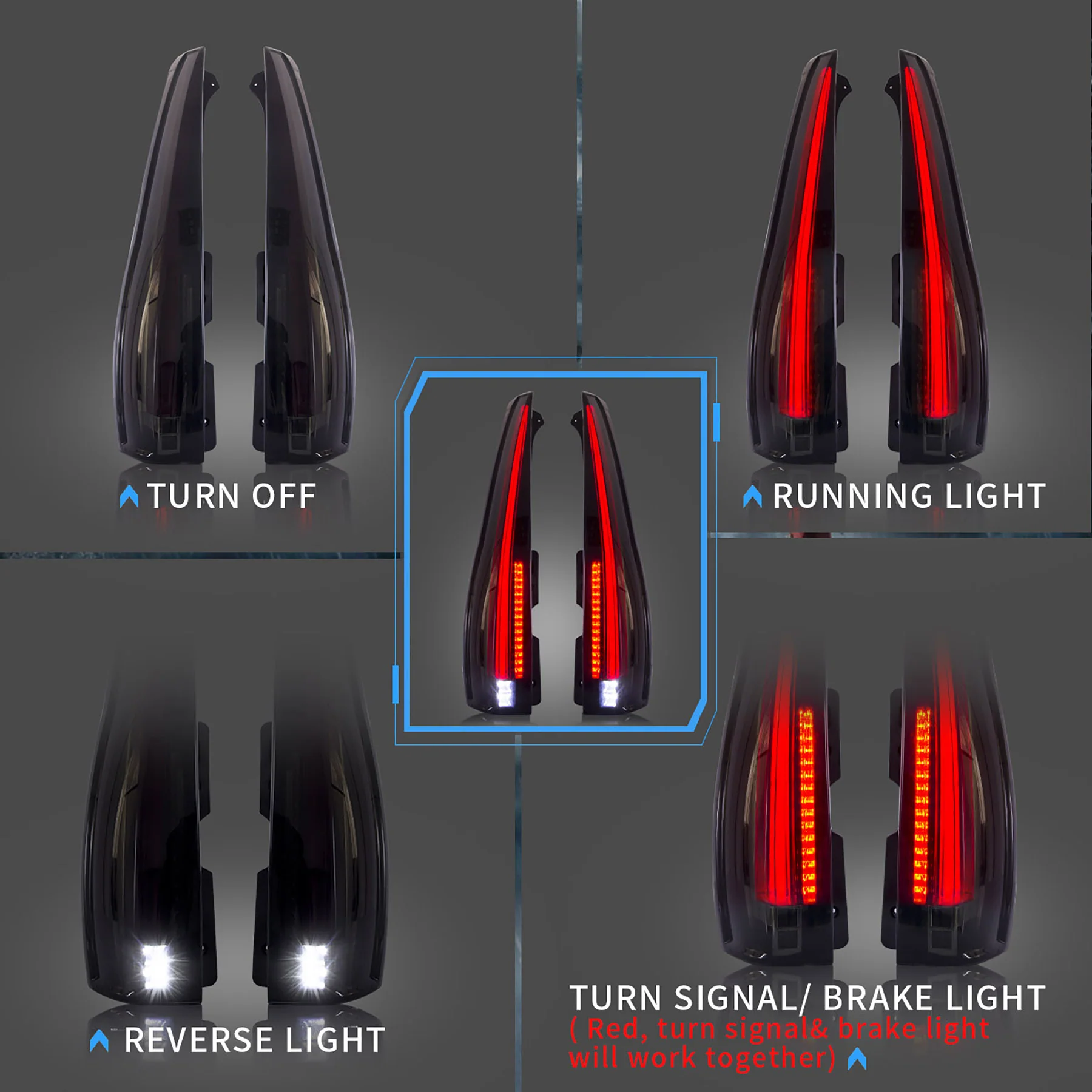 VLAND LED Tail Lights For Cadillac Escalade 2007-2014 Third generation w/ Red Turn Signal