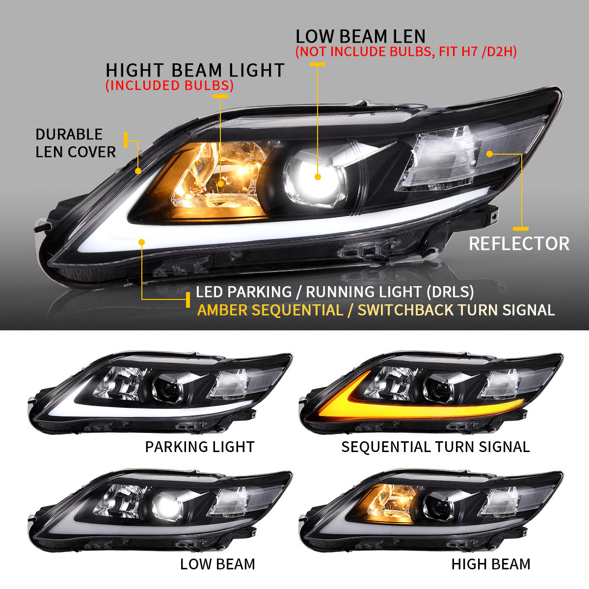 VLAND Projector Headlights for Toyota Camry 2009 Facelift and 2010-2011 XV40 w/Sequential turn signal