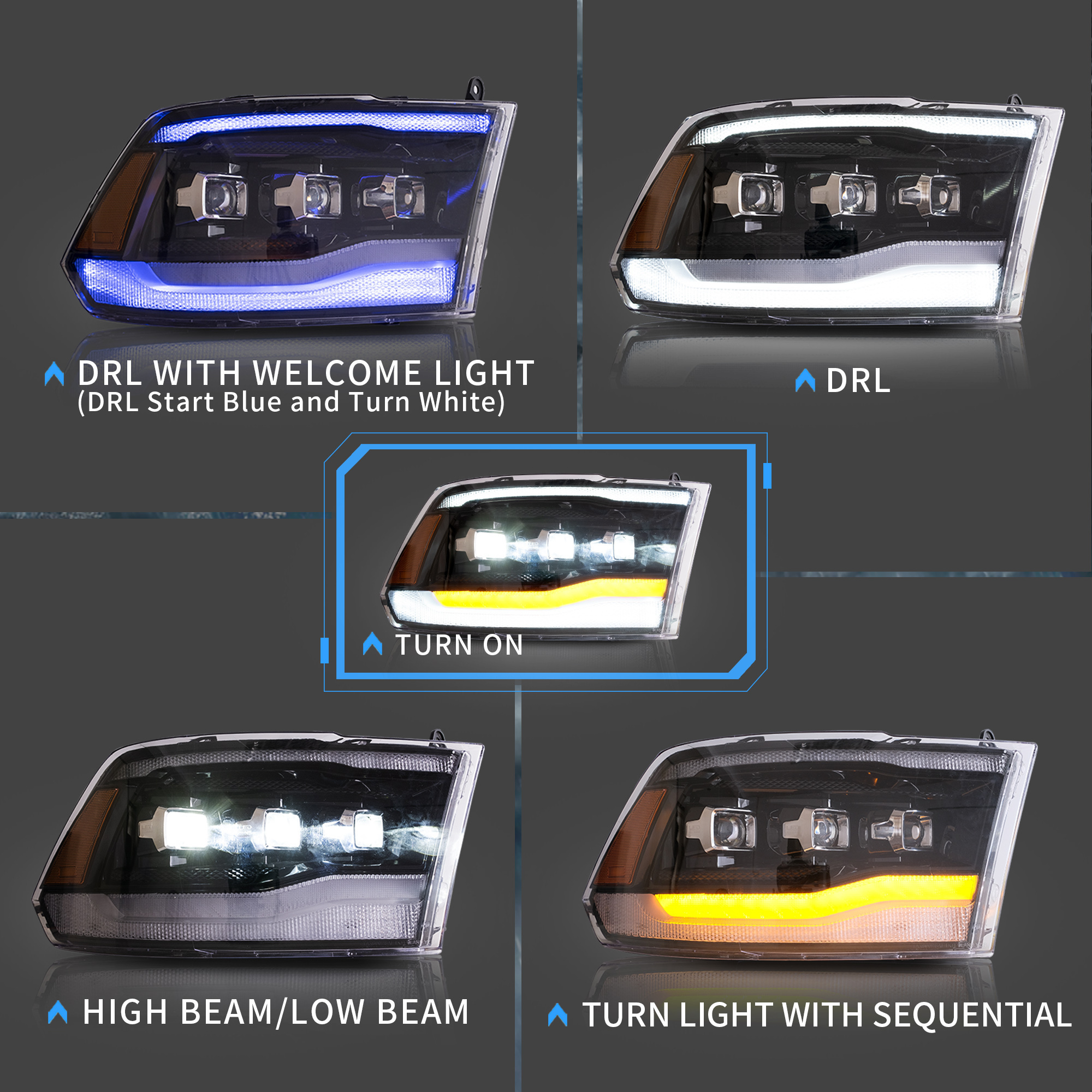 VLAND LED Projector Headlights For Dodge Ram 1500 2500 3500 2009-2010 / RAM 2011-2018 / RAM 1500 Classic 2019-2021 4th Gen