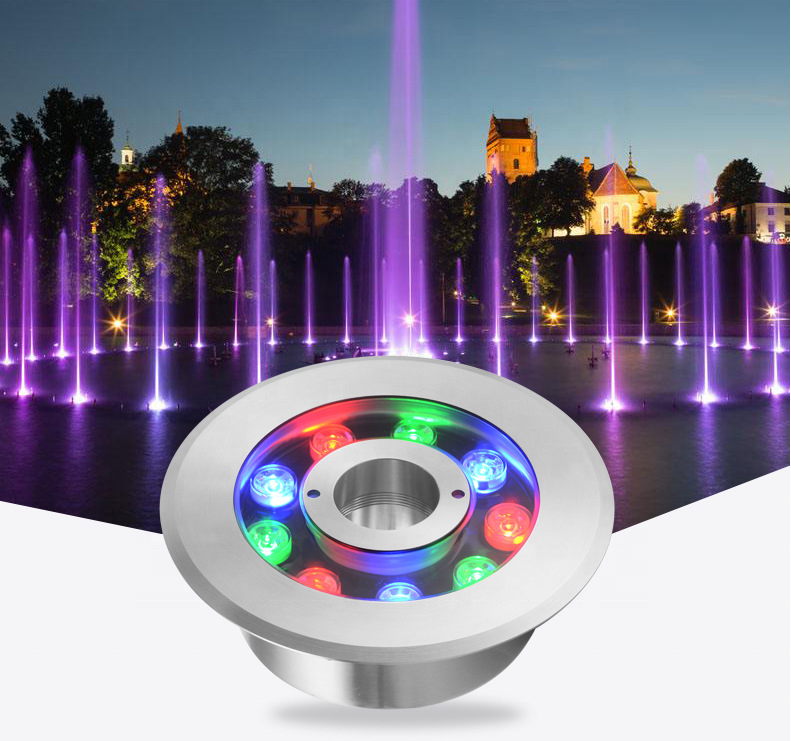 Projetor DC 24V Waterproof IP68 CE 9W Round Underwater LED Lights DMX 512 Control Module RGB Outdoor Pond Lamps Fountain Lamp