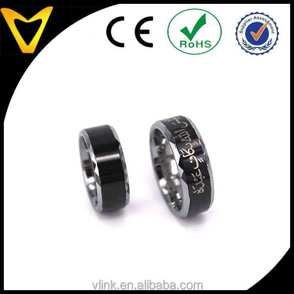 Unique Arabic Wedding Ring, 8MM IP Black Plated Faceted Edge Tungsten Islamic Jewellery Ring with Shahada in Arabic & English