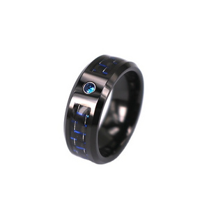 Black Beveled Edge Blue and Black Carbon Fiber Tungsten Men's Wedding Band with Blue Stone inlay