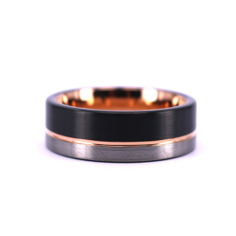 8mm Tungsten Ring for Men Black Rose Gold Silver Thin Groove Line Brushed Comfort Fit