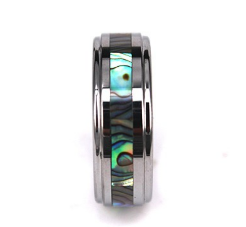 Abalone Inlay Tungsten Wedding Ring, High Polished Stepped, His Hers Anniversary Ring Promise Ring Engagement Ring Comfort Fit