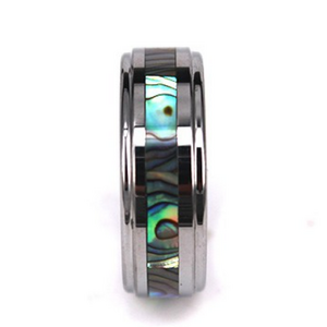 Abalone Inlay Tungsten Wedding Ring, High Polished Stepped, His Hers Anniversary Ring Promise Ring Engagement Ring Comfort Fit