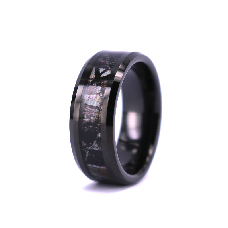 8mm Men's Black Tungsten Real Oak Camouflage Black Plated Camo Ring  Wedding Band