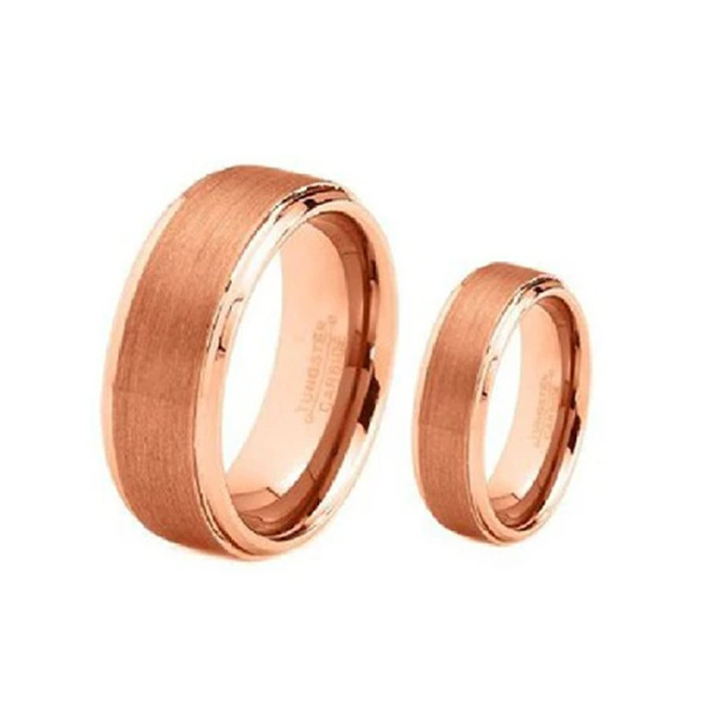 FREE LASER ENGRAVING-Promise ring for couple Rose Gold Brushed Center Step Edge Titanium Wedding Band Ring Set