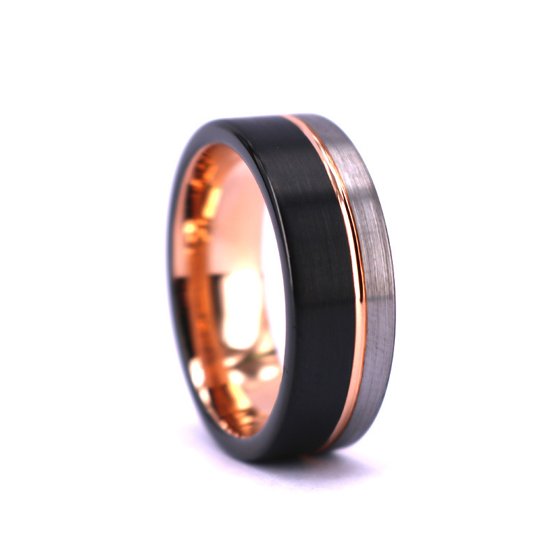 8mm Tungsten Ring for Men Black Rose Gold Silver Thin Groove Line Brushed Comfort Fit