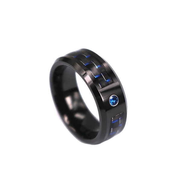 Black Beveled Edge Blue and Black Carbon Fiber Tungsten Men's Wedding Band with Blue Stone inlay