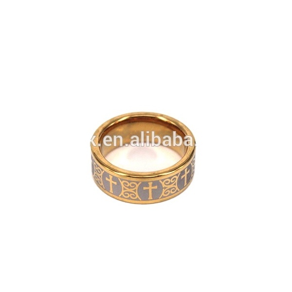 8mm Gold Plated Tungsten Celtic Cross Gold IP Ring with Brushed Center Ring,Medieval Cross Gold and Tungsten Ring