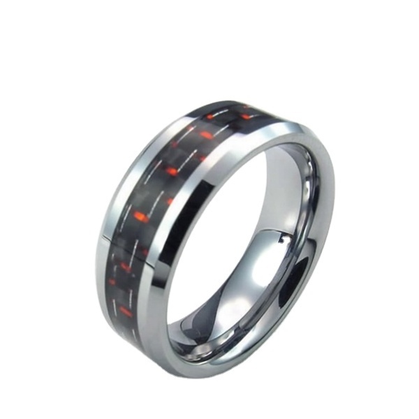 8mm Band Mens Black and Red Carbon Fiber Tungsten Ring,Carbon Fiber Tungsten Wedding Band