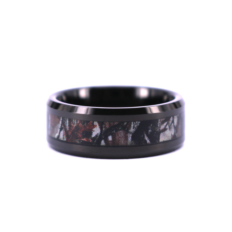 8mm Men's Black Tungsten Real Oak Camouflage Black Plated Camo Ring  Wedding Band