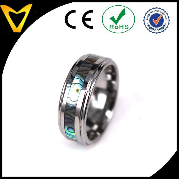 Abalone Inlay Tungsten Wedding Ring, High Polished Stepped, His Hers Anniversary Ring Promise Ring Engagement Ring Comfort Fit