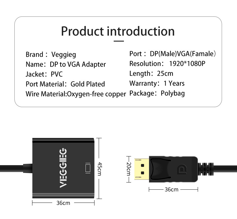 DisplayPort to VGA Cable Adapter DP to VGA Converter Male to Female Gold Plated Adapter