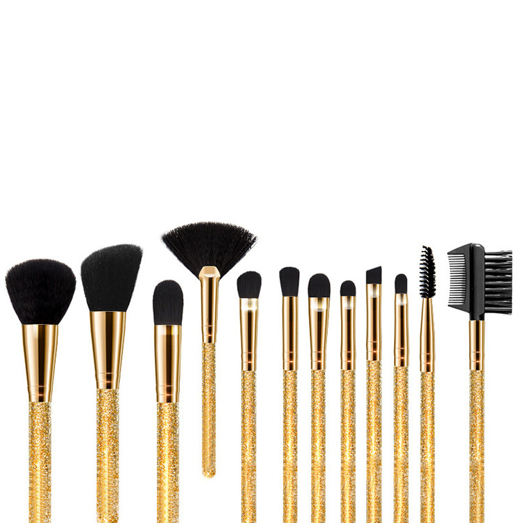 New Fashion Diamond Makeup Brush 12pcs Clear Crystal Handle Brush Gold Makeup Glitter Makeup Brushes With Bag