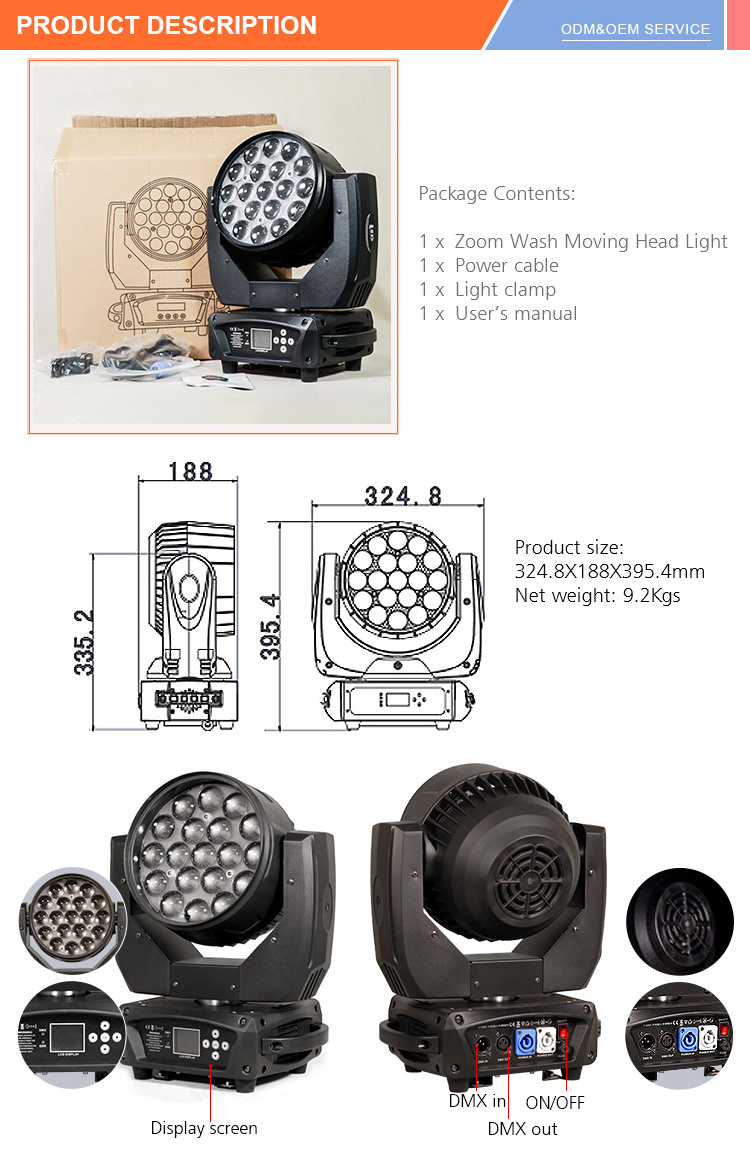 Stage Moving Head Wash Light 19 Pcs 15W Zoom Led  Rgbw 4 In 1