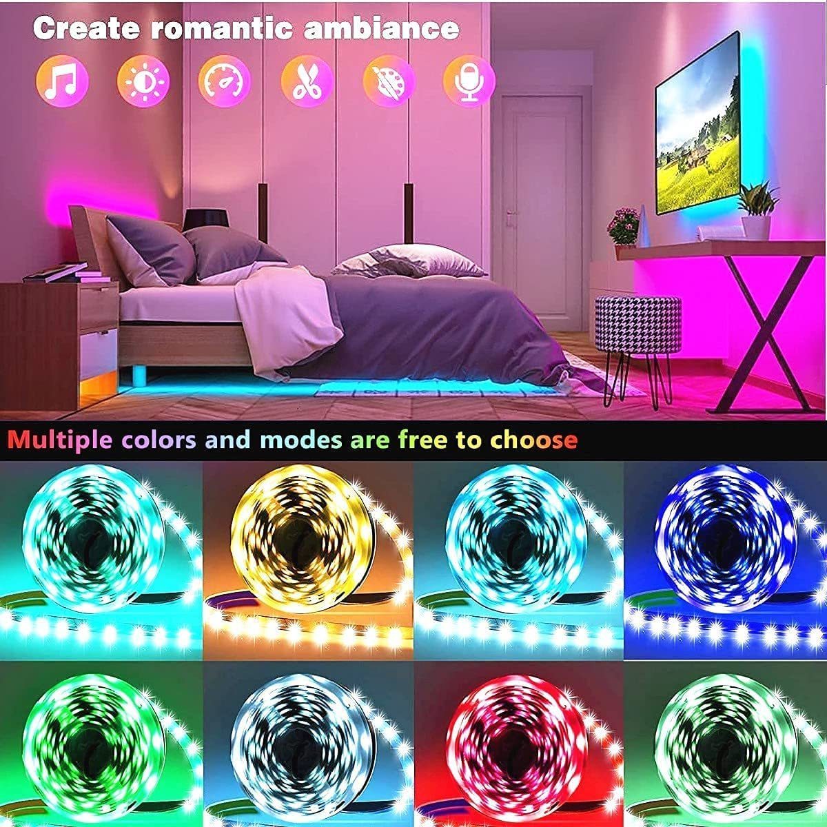 LED Strip Lights 5m 10m 15m Smart Light Strips with 44-Key Remote 5050LEDs  Color Changing Led Strip Light