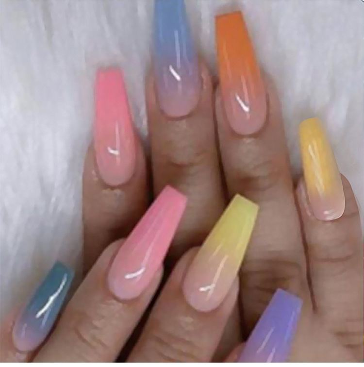 VMAE Fashion French Ballerina Nails Rainbow Color Nails Full Cover Long On Press Artificial Nails Tips Double Sticker