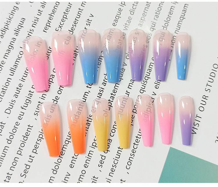 VMAE Fashion French Ballerina Nails Rainbow Color Nails Full Cover Long On Press Artificial Nails Tips Double Sticker